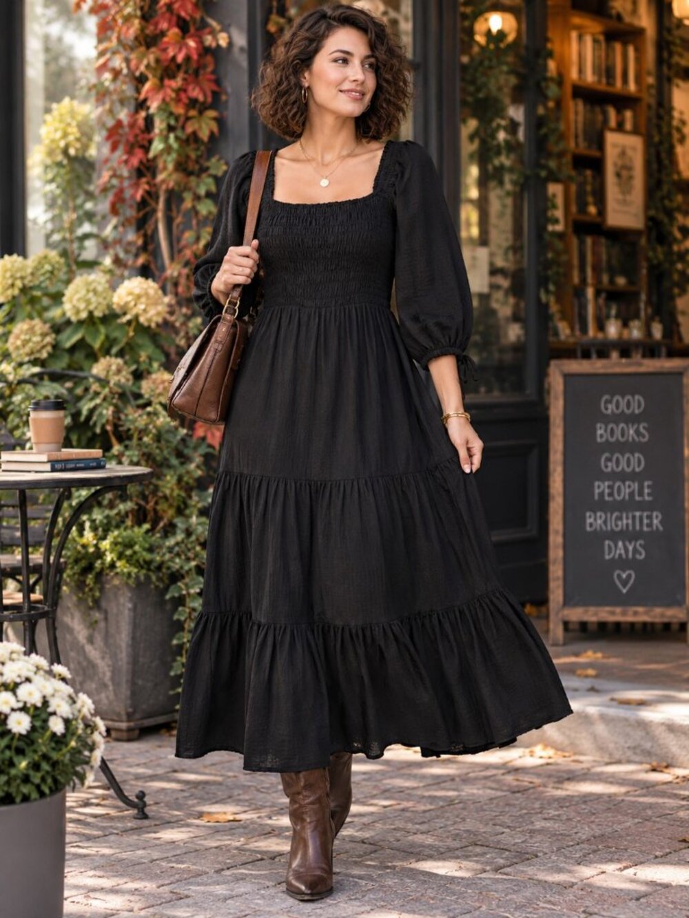 Park Adelyn Black Smocked Square Neck Tiered Cotton Midi Dress Womens Medium
